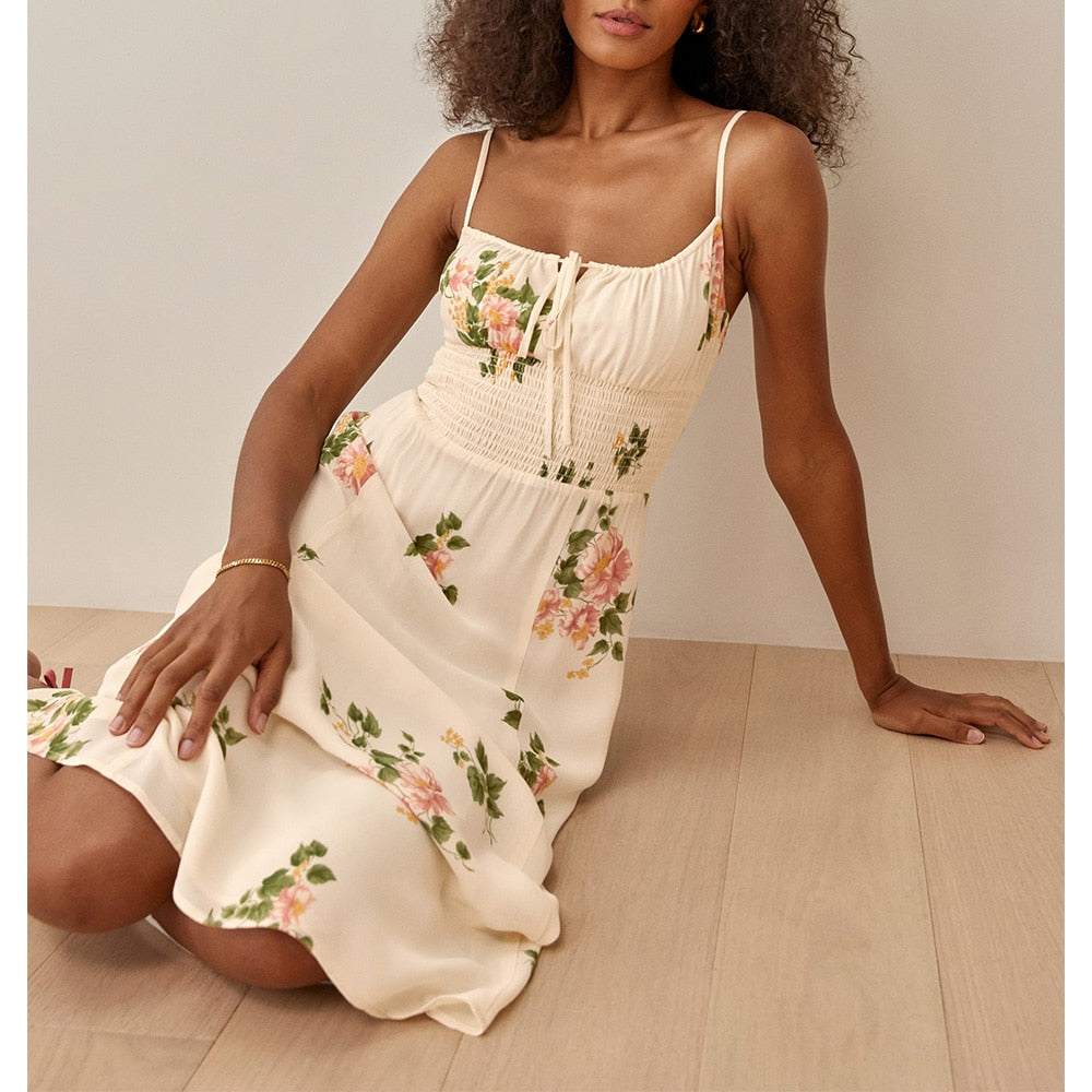 DressBetty - Women Summer Smocked Elastic Waist Tie Neck Sleeveless Spaghetti Strap Beach Dress