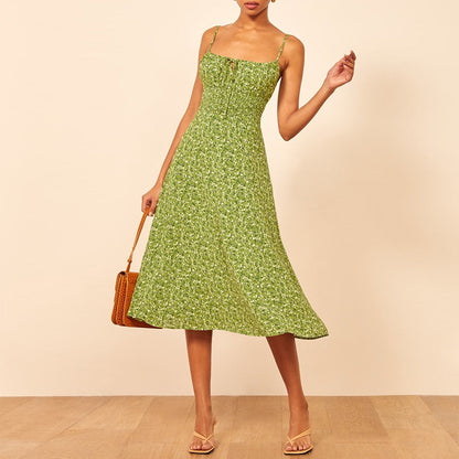 DressBetty - Women Summer Smocked Elastic Waist Tie Neck Sleeveless Spaghetti Strap Beach Dress