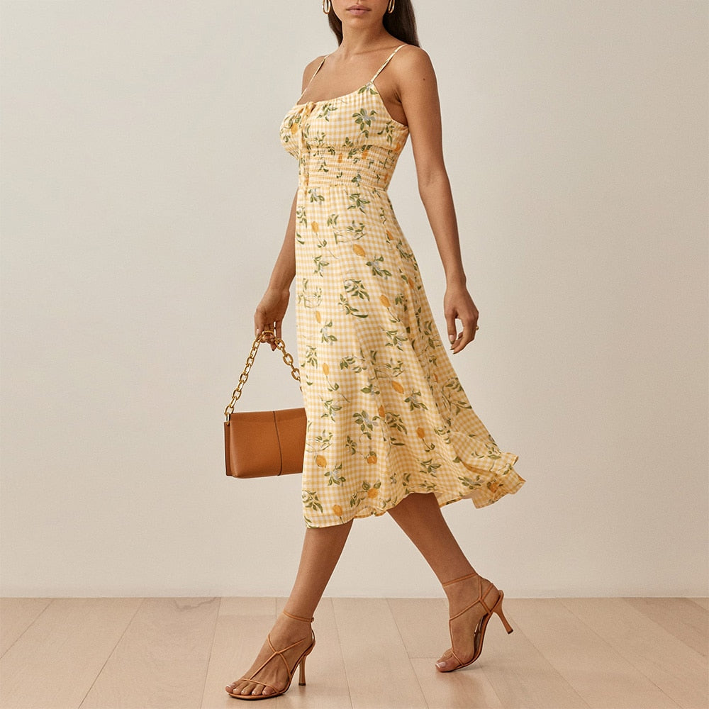 DressBetty - Women Summer Smocked Elastic Waist Tie Neck Sleeveless Spaghetti Strap Beach Dress