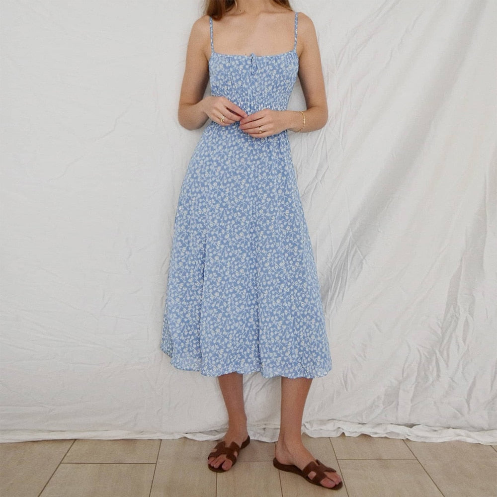 DressBetty - Women Summer Smocked Elastic Waist Tie Neck Sleeveless Spaghetti Strap Beach Dress