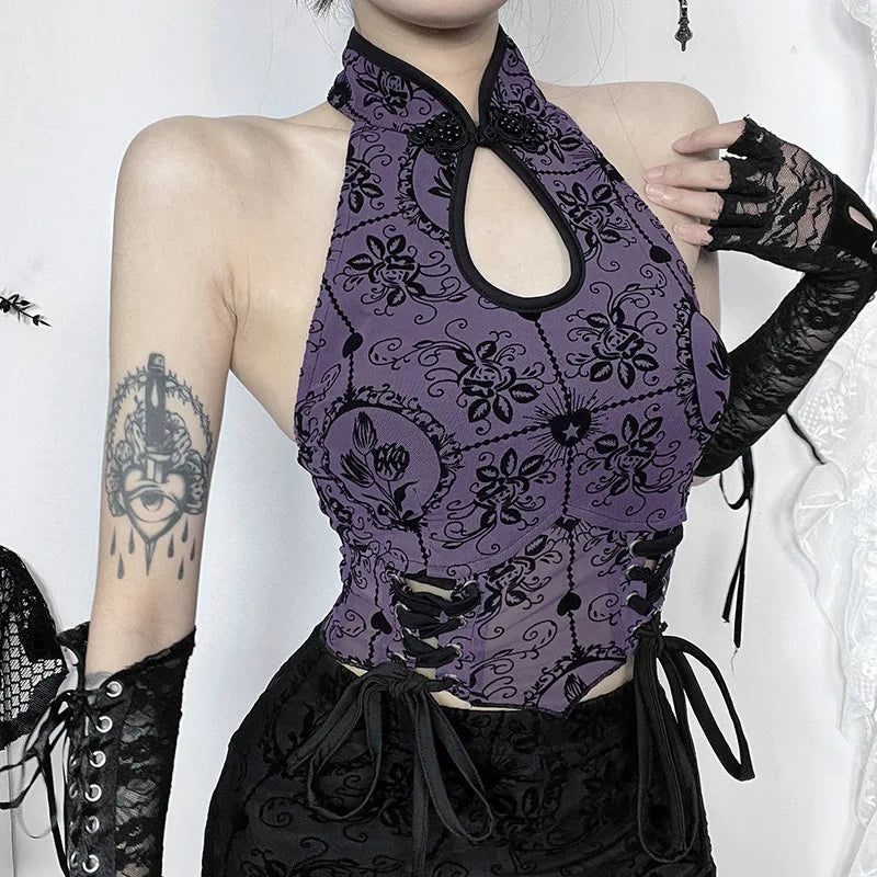 Vintage Elegant Jacquard Bandage Backless Halter Sexy Chic Crop Top