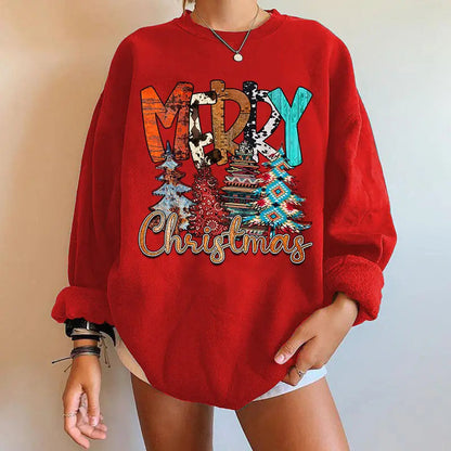 Letter Tree Print Round Neck Fleece Anime Christmas Hoodie - Large Size
