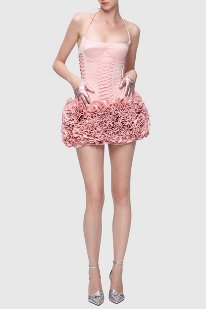 Cindia Floral Lace Up Corset Two Piece Set - Pink