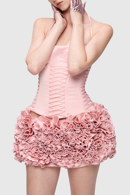 Cindia Floral Lace Up Corset Two Piece Set - Pink