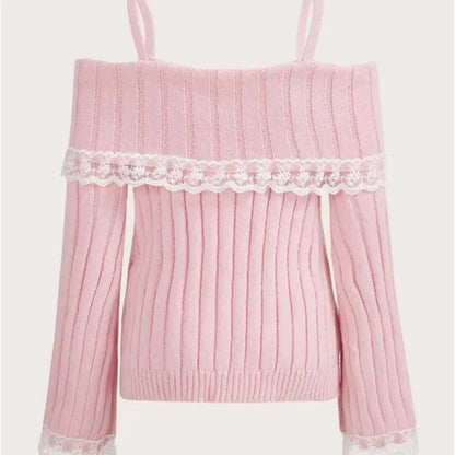 Cold Shoulder Lace Trim Knit Sweater