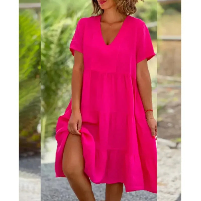 V-Neck Cotton Linen Casual Swing Midi Dress