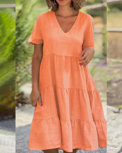 V-Neck Cotton Linen Casual Swing Midi Dress