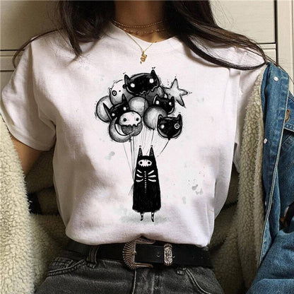 DressBetty - Cute Cartoon Cat Mushroom Print Women T Shirt