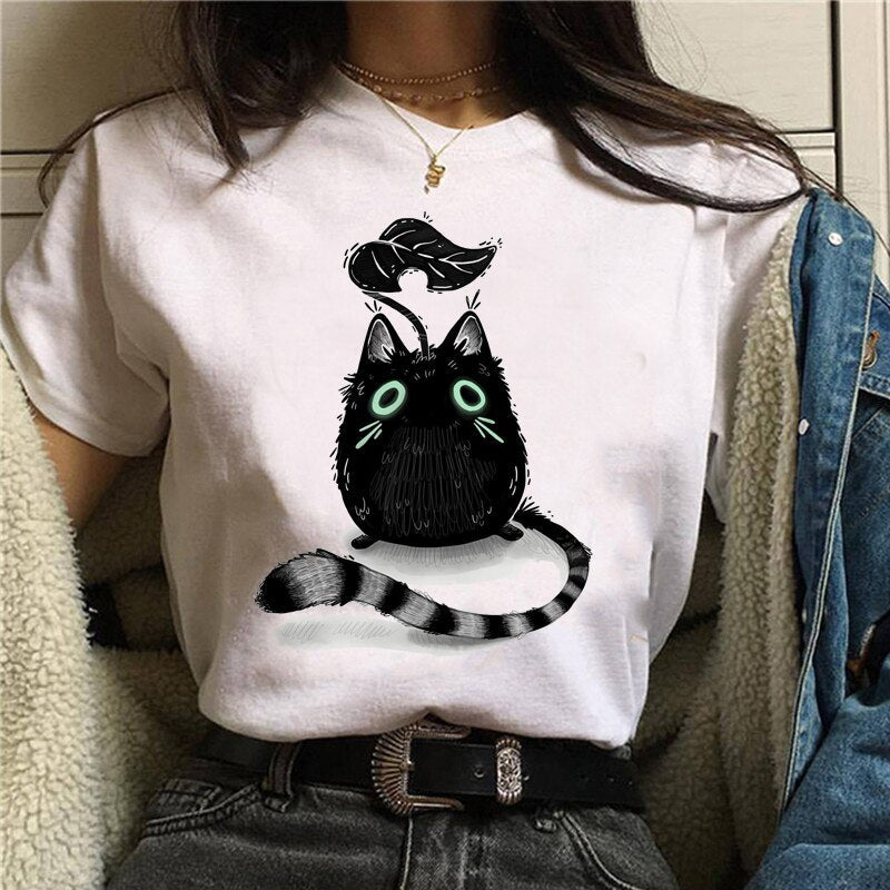 DressBetty - Cute Cartoon Cat Mushroom Print Women T Shirt