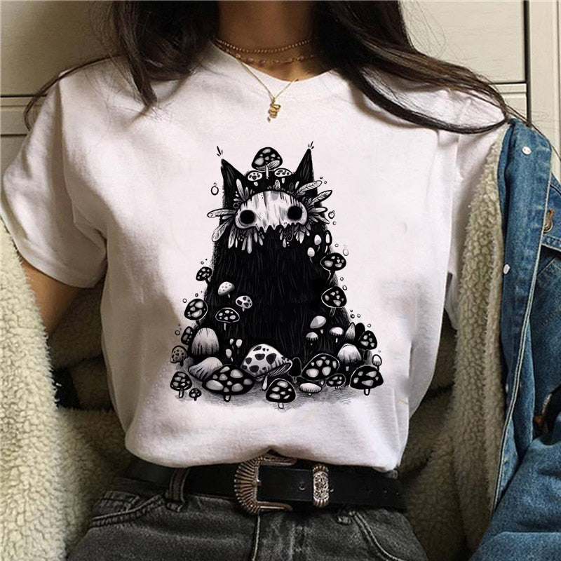 DressBetty - Cute Cartoon Cat Mushroom Print Women T Shirt