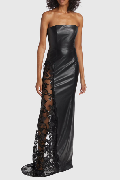 Damien Faux Leather Strapless Lace Maxi Dress
