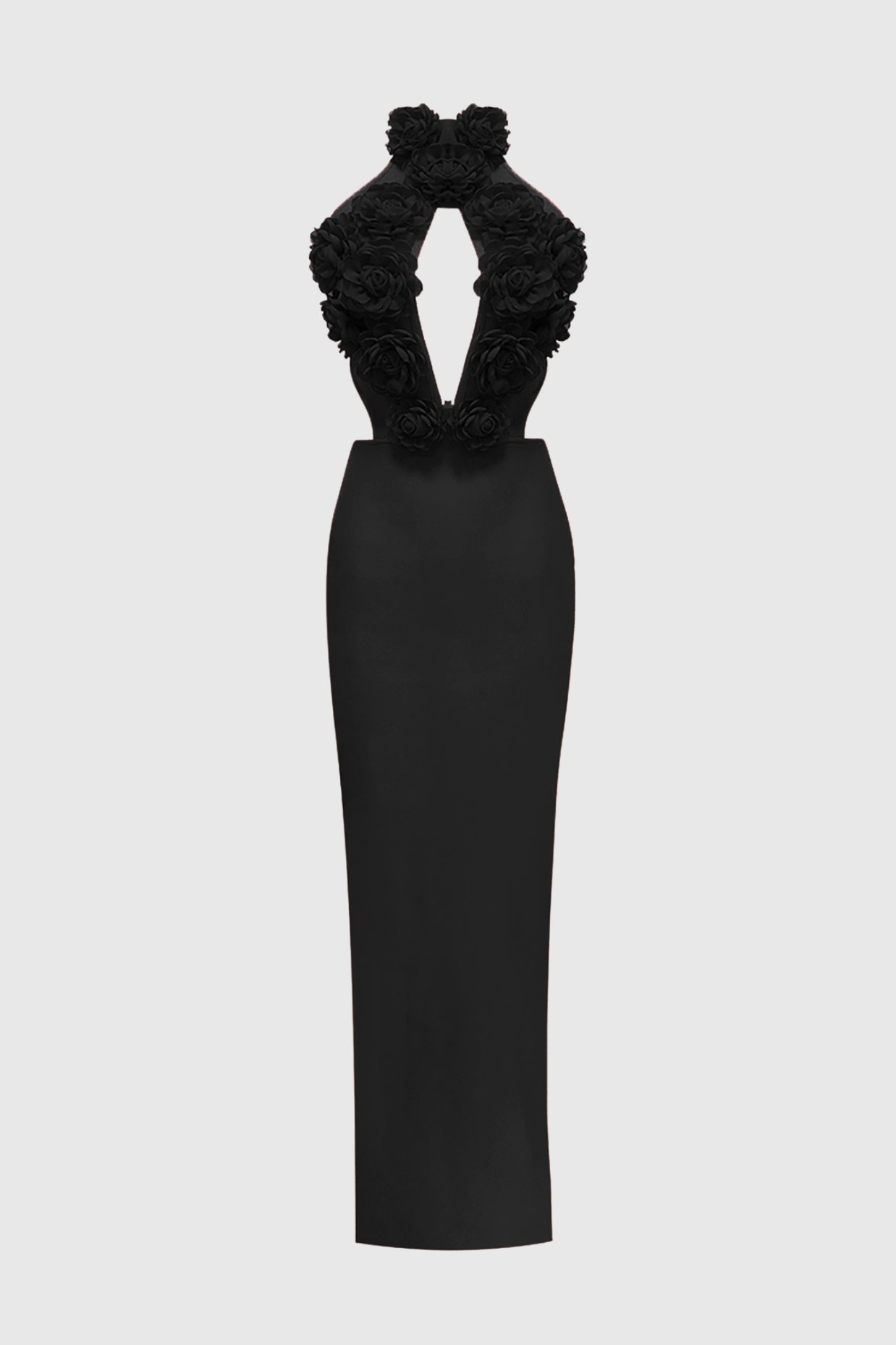 Datherine Floral Appliqué Halter Maxi Bandage Dress - Black