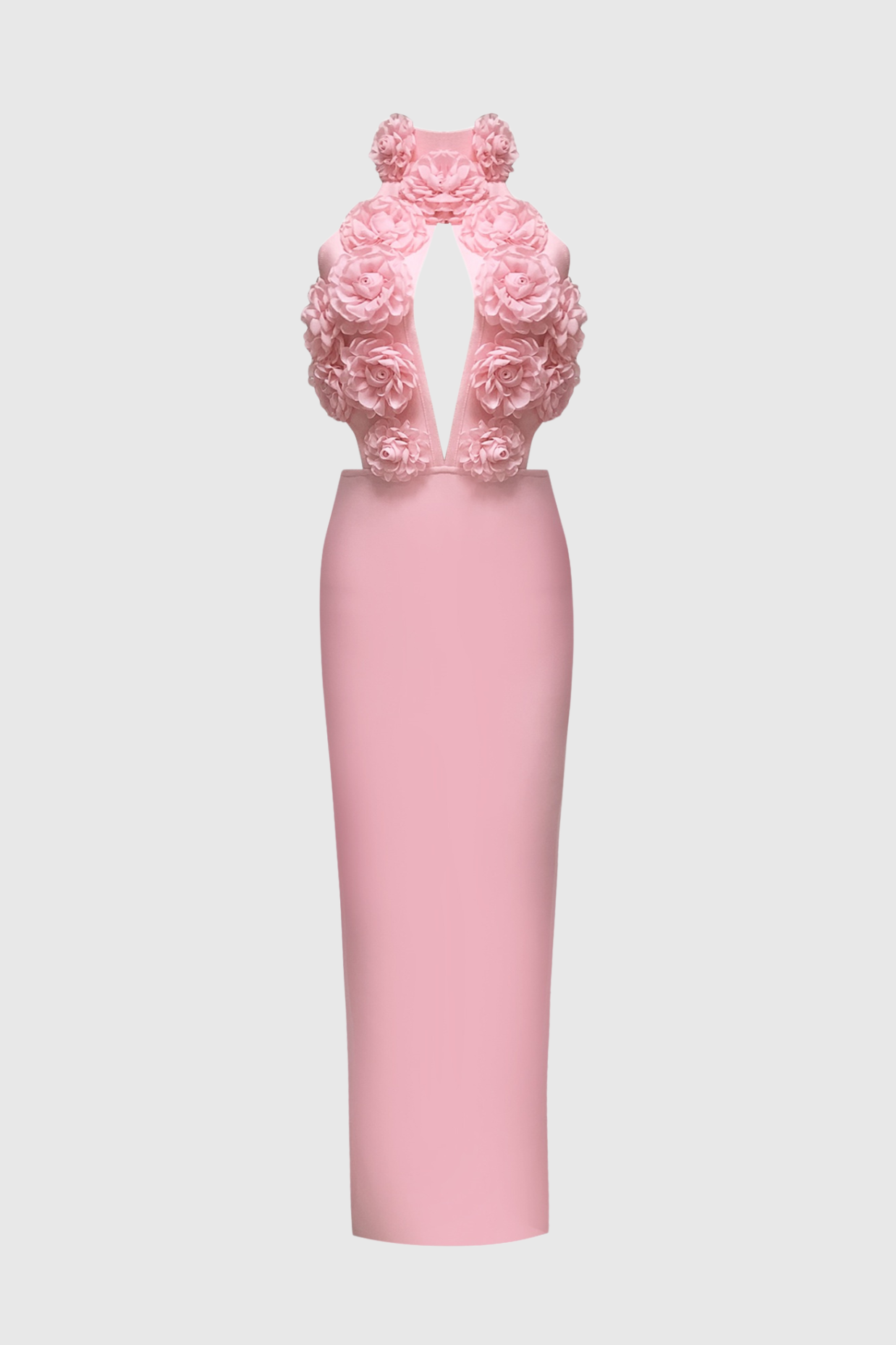 Datherine Floral Appliqué Halter Maxi Bandage Dress - Pink