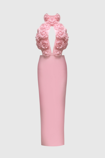 Datherine Floral Appliqué Halter Maxi Bandage Dress - Pink