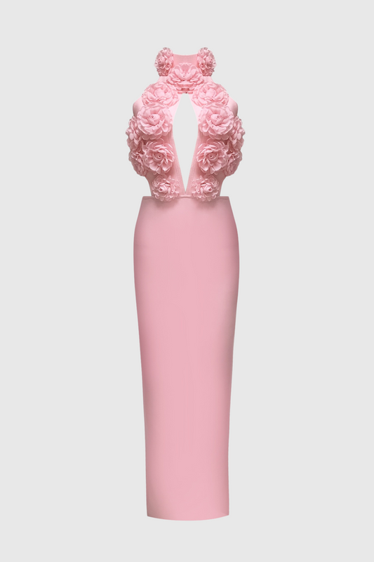 Datherine Floral Appliqué Halter Maxi Bandage Dress - Pink