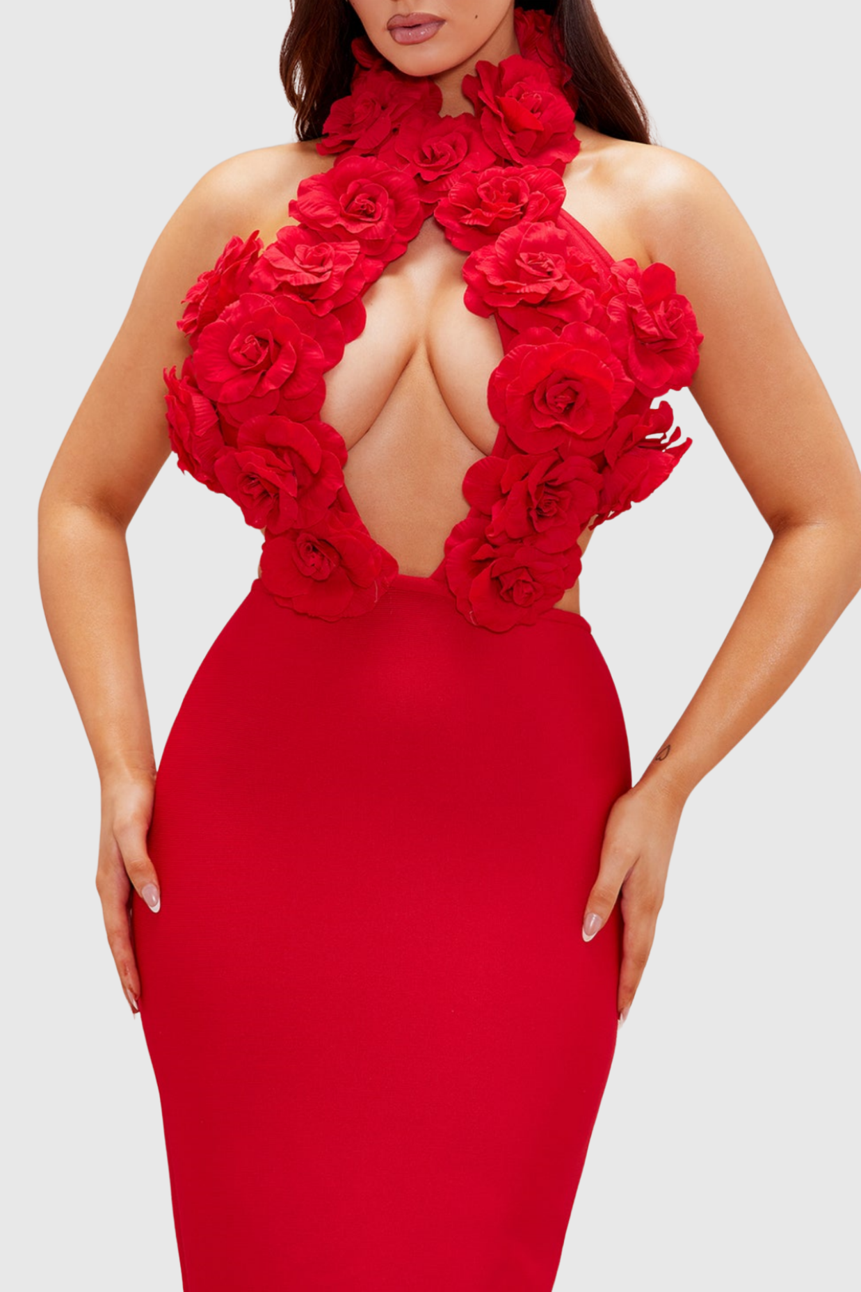 Datherine Floral Appliqué Halter Maxi Bandage Dress - Red
