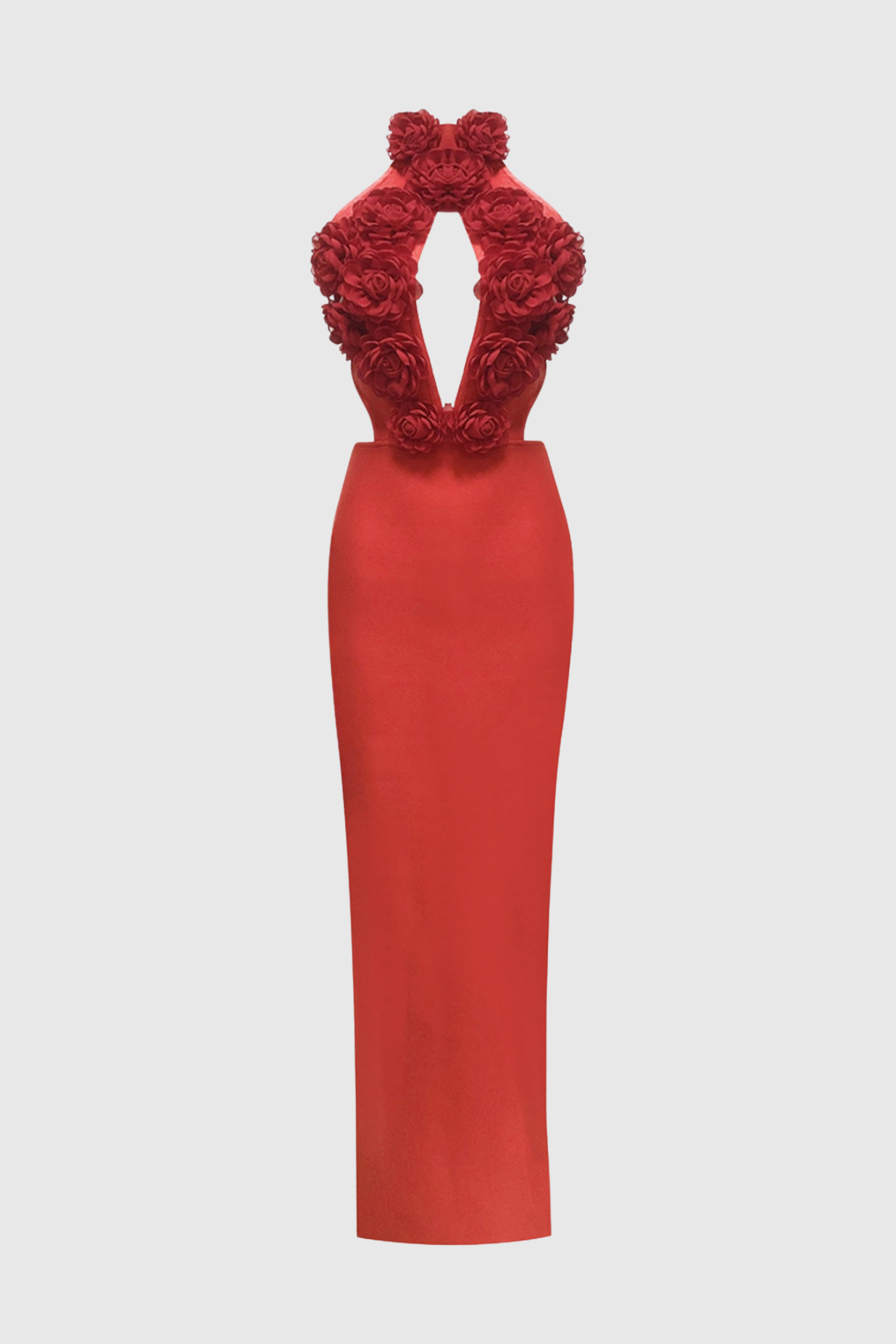 Datherine Floral Appliqué Halter Maxi Bandage Dress - Red
