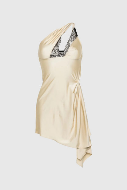 Davey Asymmetrical One Shoulder Lace Mini Dress - Beige