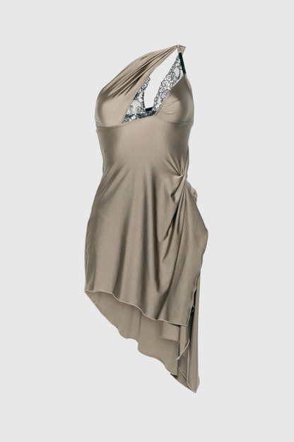 Davey Asymmetrical One Shoulder Lace Mini Dress - Grey