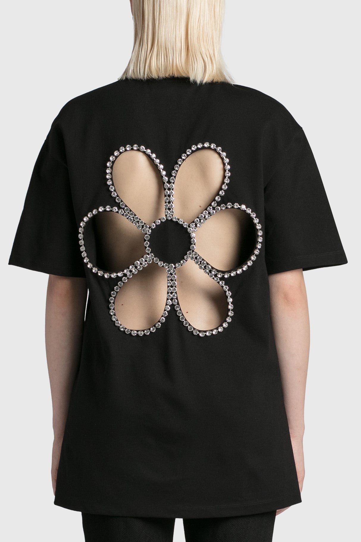 Debora Flower Hollow Rhinestone Embellished T-shirt - Black