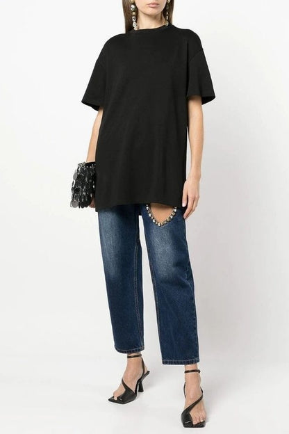 Debora Flower Hollow Rhinestone Embellished T-shirt - Black