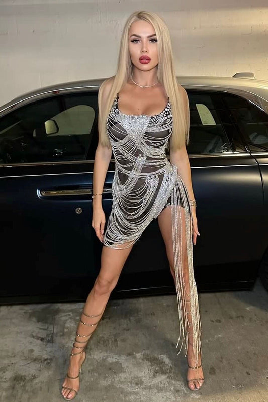 Delilah Rhinestone Strapless Mesh Mini Dress - Black