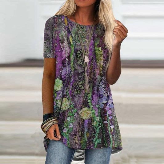 DressBetty - Digital Printed Women Blouse Short Sleeve Loose Shirt Casual Lady Pullover Shirt