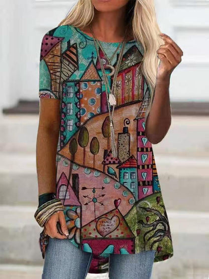 DressBetty - Digital Printed Women Blouse Short Sleeve Loose Shirt Casual Lady Pullover Shirt