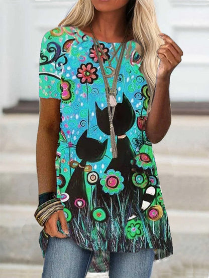 DressBetty - Digital Printed Women Blouse Short Sleeve Loose Shirt Casual Lady Pullover Shirt