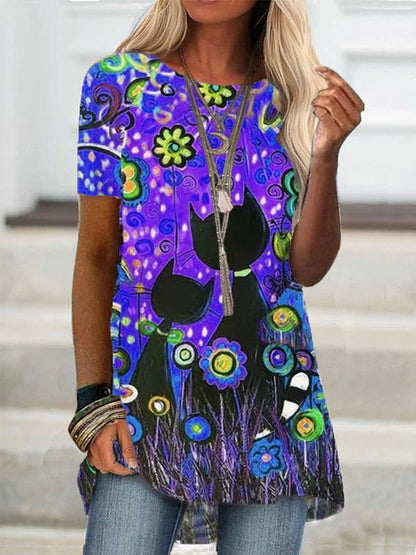 DressBetty - Digital Printed Women Blouse Short Sleeve Loose Shirt Casual Lady Pullover Shirt