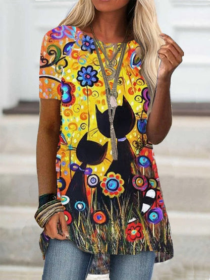DressBetty - Digital Printed Women Blouse Short Sleeve Loose Shirt Casual Lady Pullover Shirt