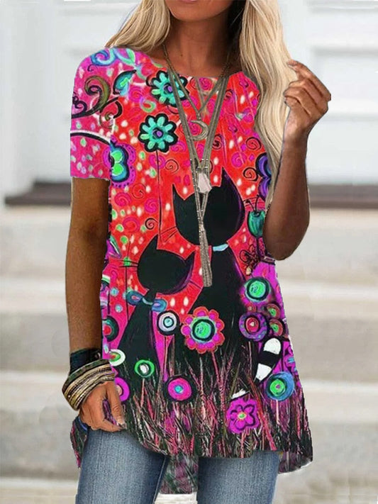 DressBetty - Digital Printed Women Blouse Short Sleeve Loose Shirt Casual Lady Pullover Shirt