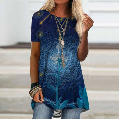 DressBetty - Digital Printed Women Blouse Short Sleeve Loose Shirt Casual Lady Pullover Shirt