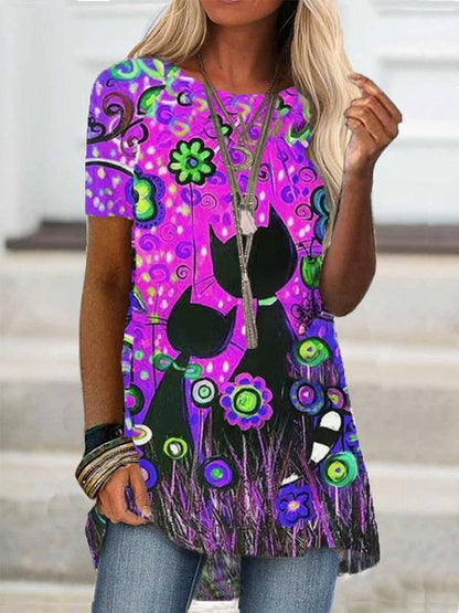 DressBetty - Digital Printed Women Blouse Short Sleeve Loose Shirt Casual Lady Pullover Shirt