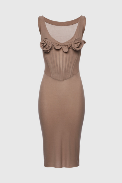 Dinella Floral Appliqué Corset Midi Dress - Grey