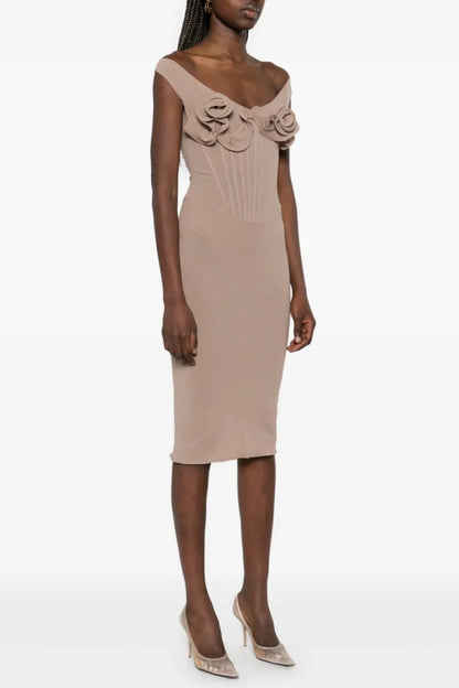 Dinella Floral Appliqué Corset Midi Dress - Grey