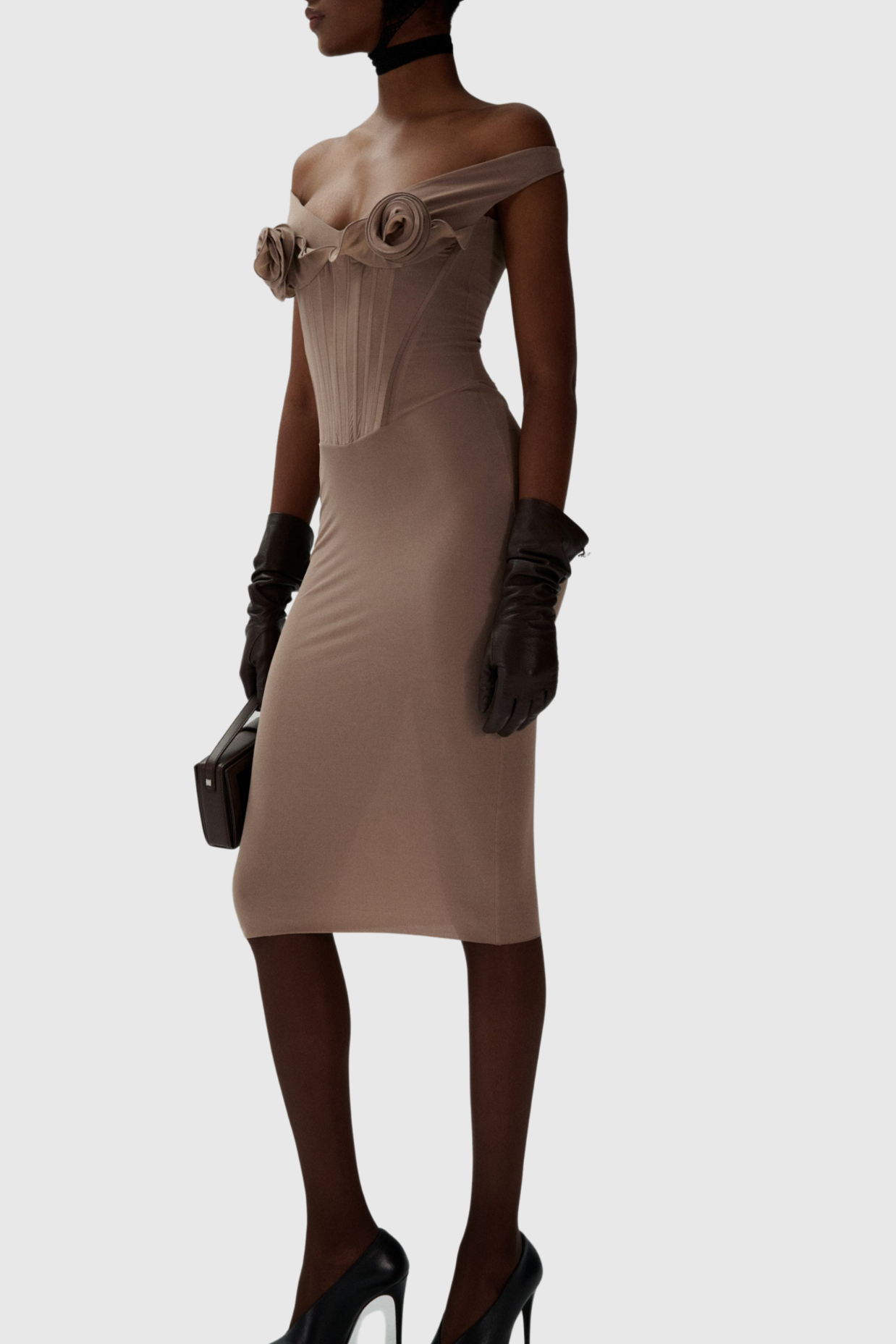 Dinella Floral Appliqué Corset Midi Dress - Grey
