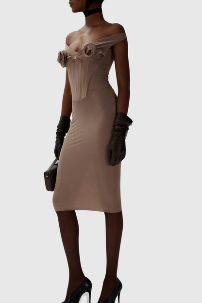Dinella Floral Appliqué Corset Midi Dress - Grey