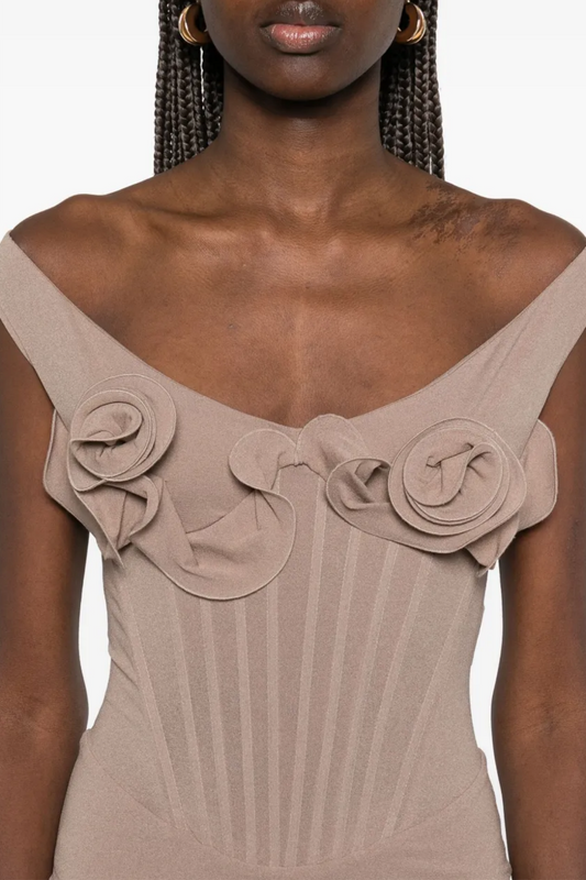 Dinella Floral Appliqué Corset Midi Dress - Grey