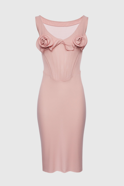 Dinella Floral Appliqué Corset Midi Dress - Pink