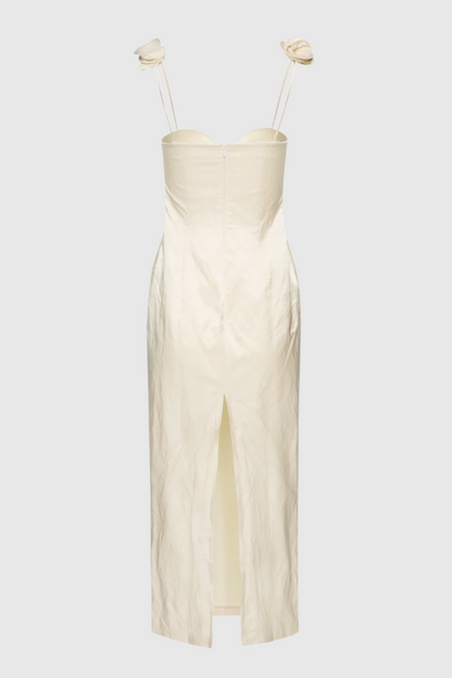 Durana Floral Appliqué Bustier Midi Dress - Beige