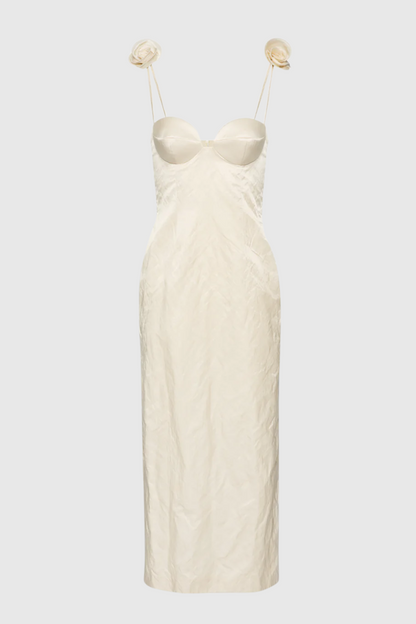 Durana Floral Appliqué Bustier Midi Dress - Beige