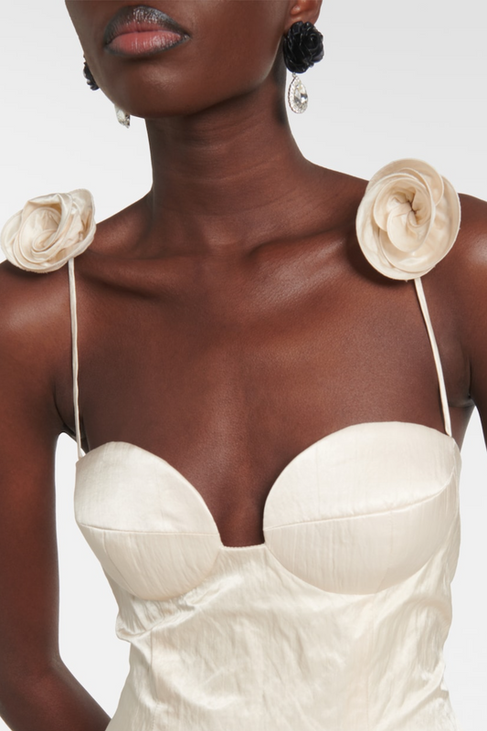 Durana Floral Appliqué Bustier Midi Dress - Beige