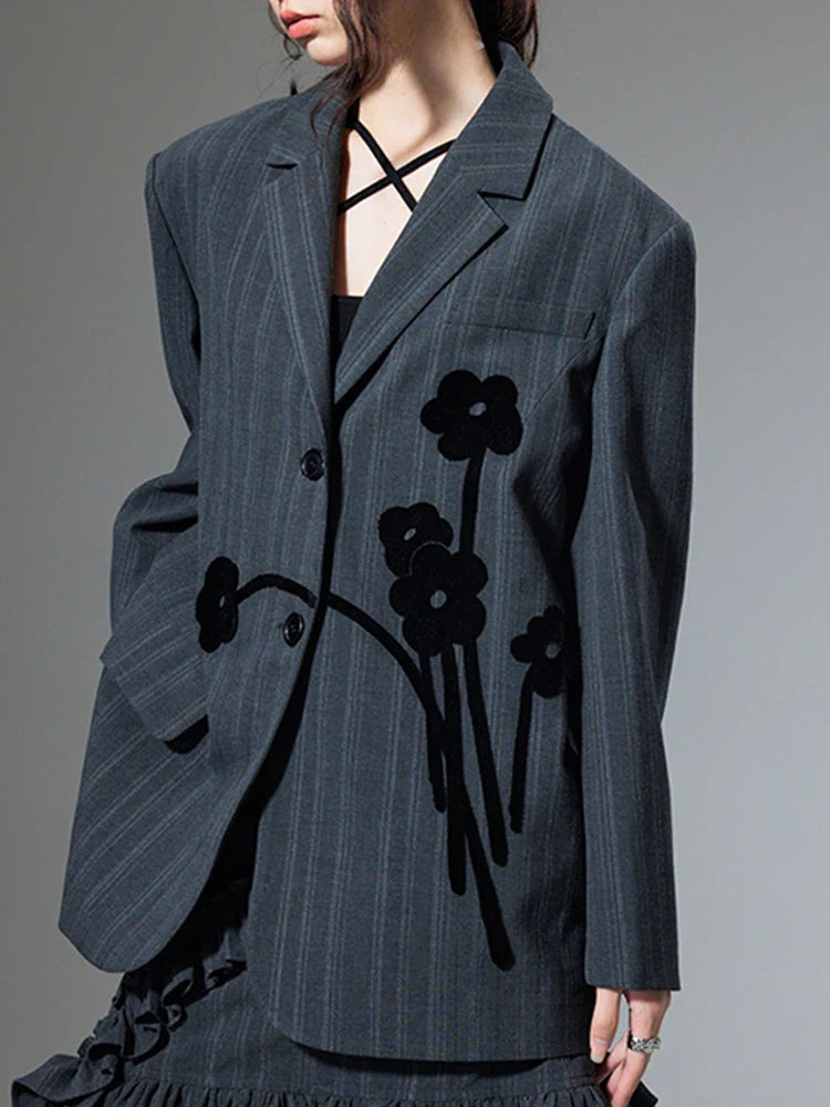 Black Striped Splice Flower New Lapel Long Loose Fit Fashion Tide Spring Blazer