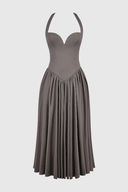 Ebrill Halter V-neck Ruched Midi Dress - Grey