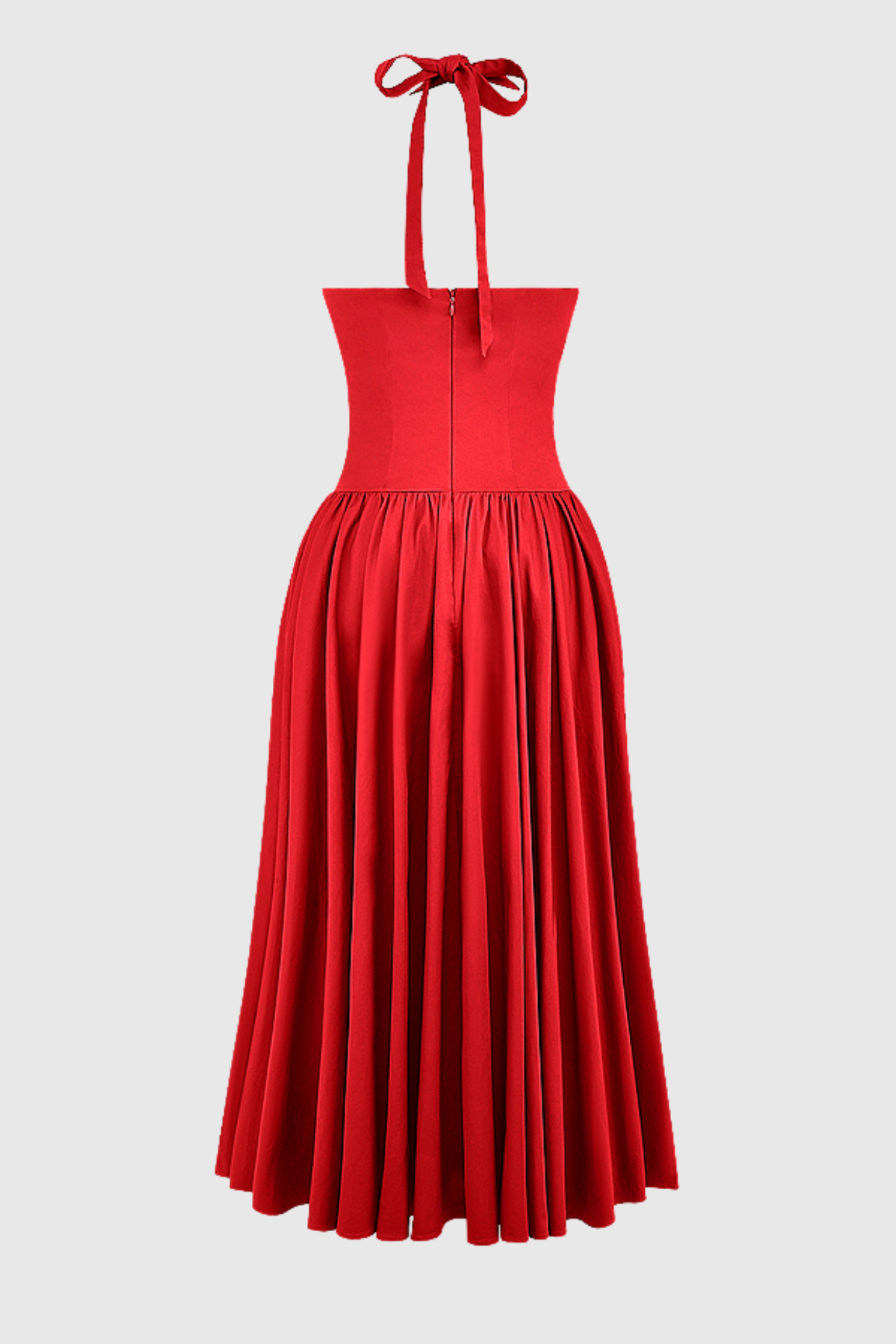 Ebrill Halter V-neck Ruched Midi Dress - Red