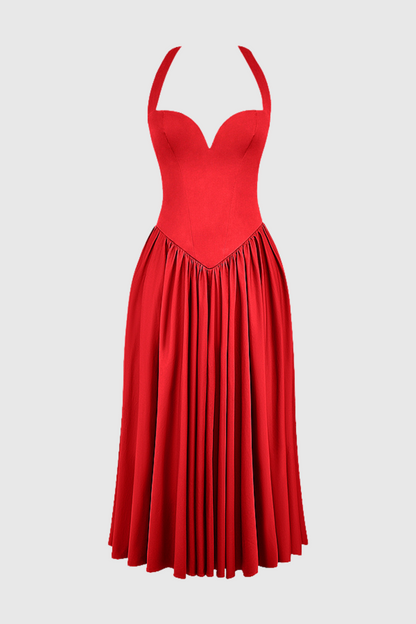 Ebrill Halter V-neck Ruched Midi Dress - Red