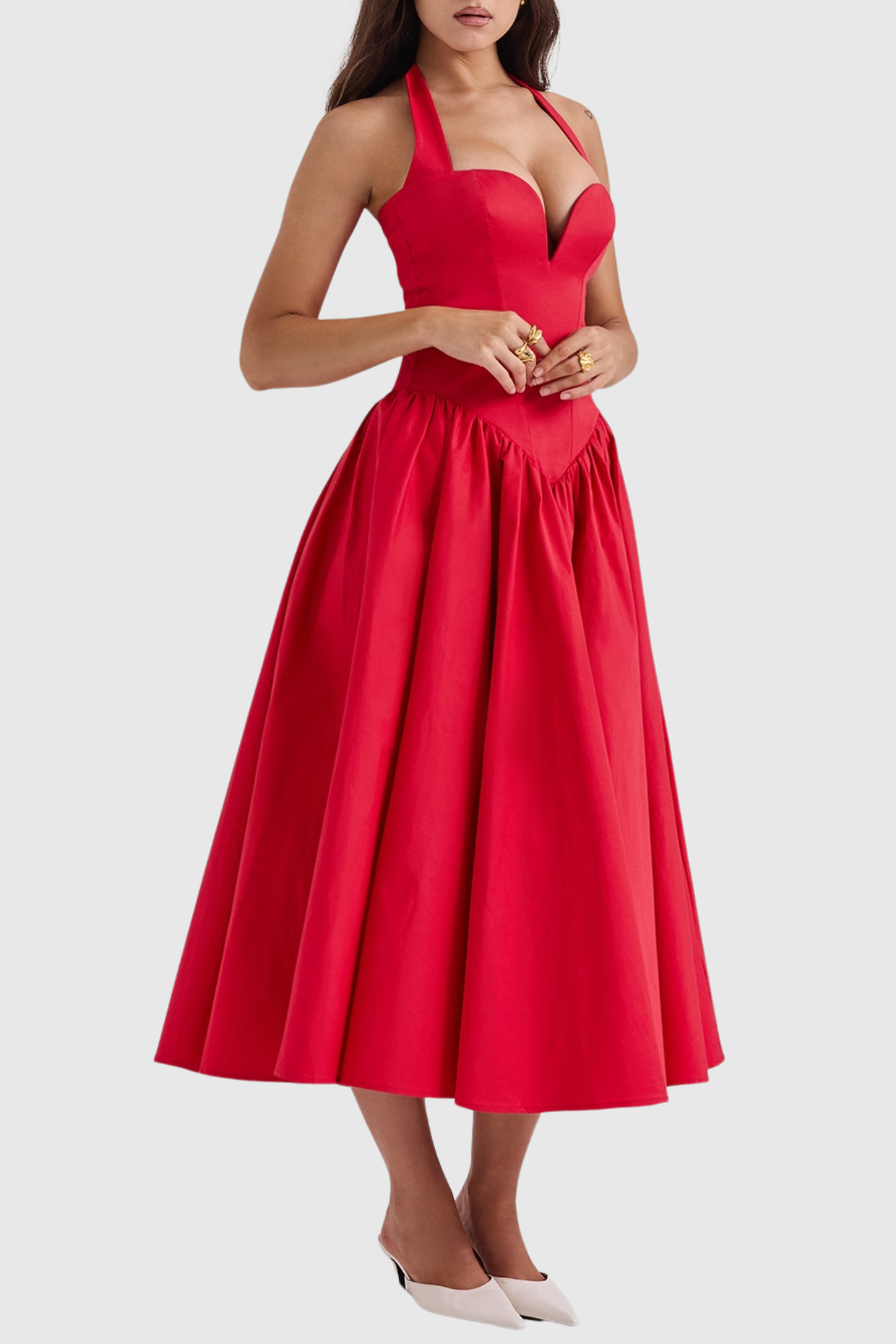 Ebrill Halter V-neck Ruched Midi Dress - Red