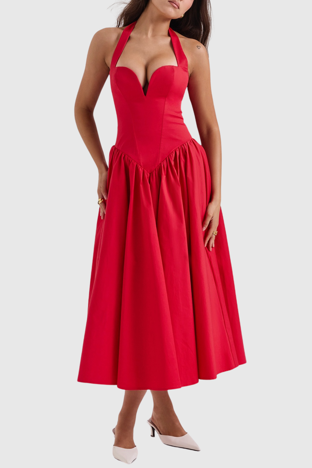 Ebrill Halter V-neck Ruched Midi Dress - Red