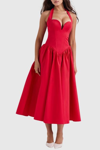 Ebrill Halter V-neck Ruched Midi Dress - Red